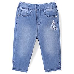 Babyhug Denim Capri Pants with Butterfly Embroidery - Blue