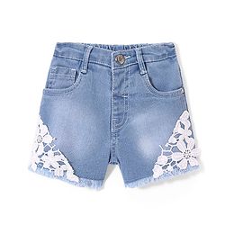 Babyhug Cotton Denim Washed Stretchable Shorts with Lace Detailing - Blue