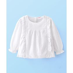 Babyhug Woven Schiffli Top with Frill and Lace Detailing- White