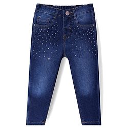 Babyhug Denim Full Length Solid Color Jeans with Beads Detailing - Navy Blue