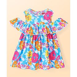 Babyhug Single Jersey Knit Cold Shoulder Frock With Floral Print - Blue & Pink