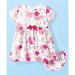 Babyhug Single Jersey Knit Half Sleeves Floral Printed Frock With Bloomer & Bow Applique - White