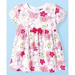 Babyhug Single Jersey Knit Half Sleeves Floral Printed Frock With Bloomer & Bow Applique - White