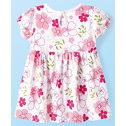 Babyhug Single Jersey Knit Half Sleeves Floral Printed Frock With Bloomer & Bow Applique - White