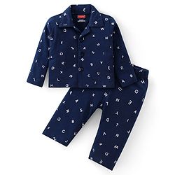 Babyhug Cotton Single Jersey Knit Full Sleeves Night Suit Text Print - Navy Blue
