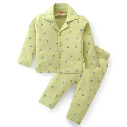 Babyhug Cotton Knit Full Sleeves Night Suit With Alphabets Print - Limegreen