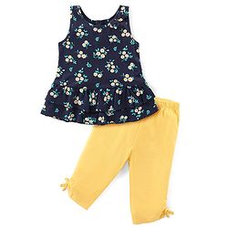Babyhug Single Jersey Knit Sleeveless Floral Printed Top & Leggings Set - Blue & Yellow