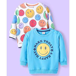 Babyhug Cotton Knit Full Sleeves Sweatshirts With Smiley Graphics Pack of 2 - Blue & White