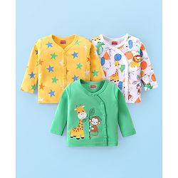 Babyhug 100% Cotton Knit Full Sleeves Front Open Vests With Stars & Animals Print Pack of 3 - Yellow Green & White