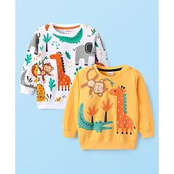 Babyhug Knit Full Sleeves Sweatshirts With Animal Print Pack of 2 - White & Yellow