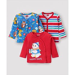 Babyhug 100% Cotton Full Sleeves Front Open Jhablas With Stripes & Bear Print Pack of 3 - Red & Blue
