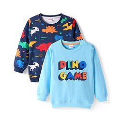 Babyhug Cotton Knit Full Sleeves Sweatshirts with Dino Graphics Pack of 2 - Blue