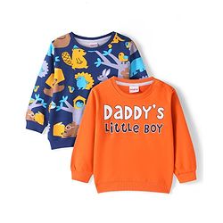 Babyhug Cotton Knit Full Sleeves Sweatshirts With Text & Animals Print Pack of 2 - Blue & Orange