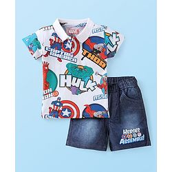 Babyhug Marvel Single Jersey Knit Half Sleeves Polo T-Shirt & Denim Shorts Set With Avengers Print - White & Blue