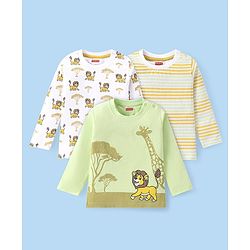 Babyhug Cotton Knit Full Sleeves T-Shirts with Striped Lion & Giraffe Print Pack of 3 - Green & White