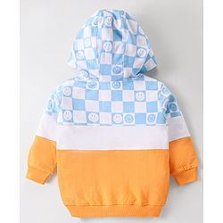 Babyhug Cotton Knit Full Sleeves Front Open Hooded Sweatjacket With Colour Block Design & Smiley Print - Multicolour