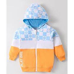 Babyhug Cotton Knit Full Sleeves Front Open Hooded Sweatjacket With Colour Block Design & Smiley Print - Multicolour