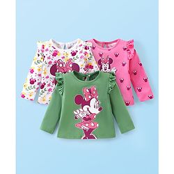 Babyhug Disney Single Jersey Frill Sleeves Top with Minnie Mouse Print Pack of 3 - Green Pink & White