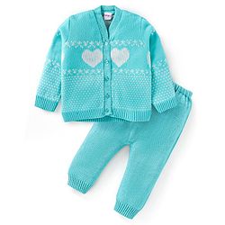Babyhug Knitted Full Sleeves Front Open Sweater Set With Heart Design - Aqua Blue