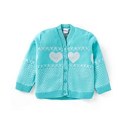 Babyhug Knitted Full Sleeves Front Open Sweater Set With Heart Design - Aqua Blue