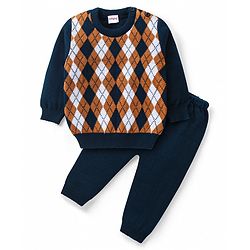 Babyhug Knitted Full Sleeves Sweater Set with Argyle Design - Navy Blue