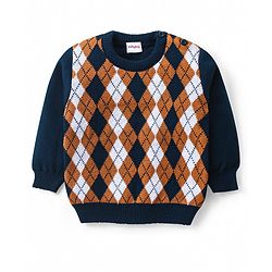 Babyhug Knitted Full Sleeves Sweater Set with Argyle Design - Navy Blue