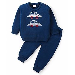 Babyhug Knitted Full Sleeves Sweater Set with Cars Design - Navy Blue