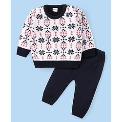 Babyhug Knitted Full Sleeves Sweater Set with Floral Design - White & Navy Blue