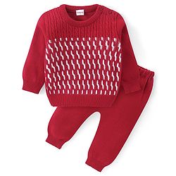 Babyhug Knitted Full Sleeves Pullover Sweater & Pant Set With Cable Knit Design - Red