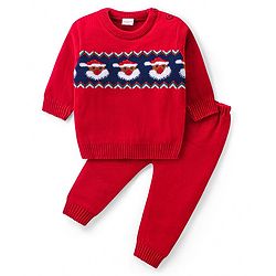 Babyhug Knitted Full Sleeves Sweater Set with Christmas Theme Design - Red