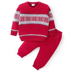 Babyhug Knitted Full Sleeves Pullover Sweater & Pant Set With Aztec Design - Red