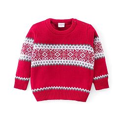 Babyhug Knitted Full Sleeves Pullover Sweater & Pant Set With Aztec Design - Red