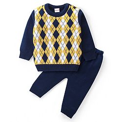 Babyhug Knitted Full Sleeves Sweater Set with Argyle Design - Navy Blue