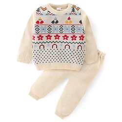Babyhug Knitted Full Sleeves Pullover Sweater & Pant Set With Floral Design - Cream