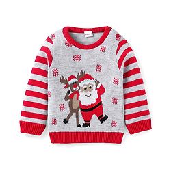 Babyhug Knitted Full Sleeves Pullover Sweater with Stripes & Christmas Theme Design - Grey & Red