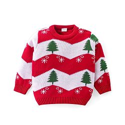 Babyhug Knitted Full Sleeves Pullover Sweater with Stripes & Snow Flakes Design - Red