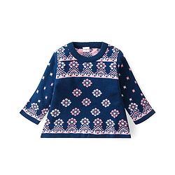 Babyhug Knitted Full Sleeves A-Line Woollen Dress With Floral Design - Navy Blue