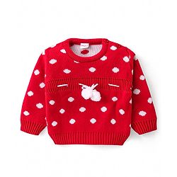 Babyhug Knitted Full Sleeves Pullover Sweater With Polka Dot Design & Pom Pom Applique - Red