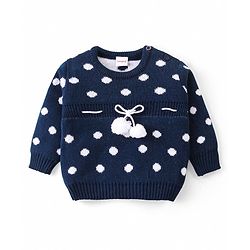 Babyhug Knitted Full Sleeves Pullover Sweater with Polka Dots Design & Pom Pom Applique - Navy Blue