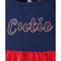 Babyhug Knitted Half Puff Sleeves Frock with Text Embroidery & Glitter Detailing - Blue & Red