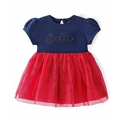 Babyhug Knitted Half Puff Sleeves Frock with Text Embroidery & Glitter Detailing - Blue & Red