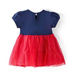 Babyhug Knitted Half Puff Sleeves Frock with Text Embroidery & Glitter Detailing - Blue & Red
