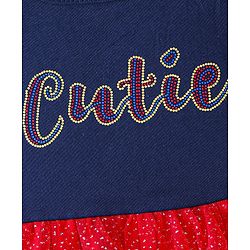 Babyhug Knitted Half Puff Sleeves Frock with Text Embroidery & Glitter Detailing - Blue & Red