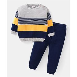 Babyhug Knitted Full Sleeves Colour Block Sweater Set with Striped Design  - Navy Blue Grey & Yellow