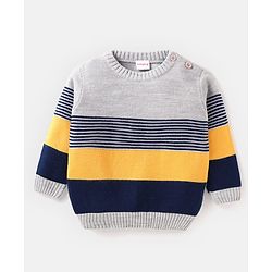 Babyhug Knitted Full Sleeves Colour Block Sweater Set with Striped Design  - Navy Blue Grey & Yellow