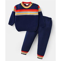 Babyhug Knitted Full Sleeves Striped Designed Pullover  Sweater Set - Navy Blue Red & Yellow