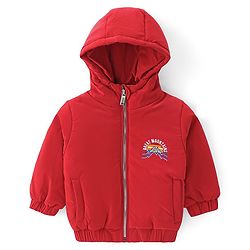 Babyhug Woven Full Sleeves Padded Hooded Jacket with Mountains Embroidery - Red