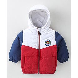 Babyhug Woven Full Sleeves Padded Hooded Jacket with Cut & Sew Design & Patch Detailing - Red & White