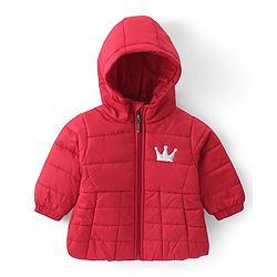 Babyhug Woven Full Sleeves Padded Hooded Jacket with Crown Patch Applique - Red
