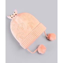 Babyhug Woollen Knitted Caps with Applique & Pom Pom - Orange